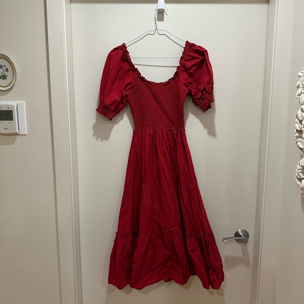 Hill House Red Ruffled Midi Dress with Puff Sleeves
